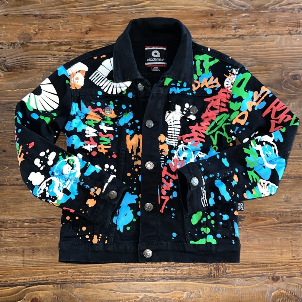NWOT Akademiks Painted Graffiti Kids Black Jeans Jacket - Picture 6 of 6